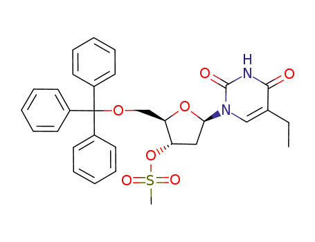 Molecular Structure of 108895-47-2 (Uridine, 2'-deoxy-5-ethyl-5'-O-(triphenylmethyl)-, 3'-methanesulfonate)