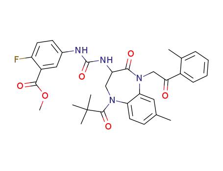Molecular Structure of 209222-25-3 (1-[1-(2-toluoylmethyl)-2-oxo-5-pivaloyl-8-methyl-1,3,4,5-tetrahydro-2H-1,5-benzodiazepin-3-yl]-3-(3-methoxycarbonyl-4-fluorophenyl)urea)