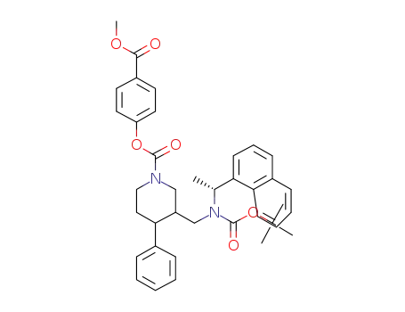 Molecular Structure of 1027702-74-4 (4-(methoxycarbonyl)phenyl 3-({(tert-butoxycarbonyl)[(1R)-1-(1-naphthyl)ethyl]amino}methyl)-4-phenylpiperidine-1-carboxylate)