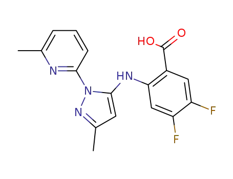 Molecular Structure of 364728-20-1 (4,5-difluoro-2-[[3-methyl-1-(6-methyl-2-pyridinyl)-1H-pyrazol-5-yl]amino]benzoic acid)