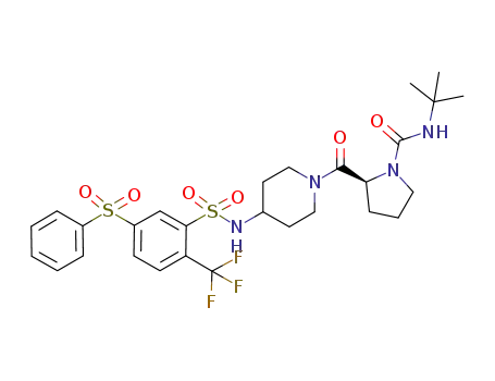 Molecular Structure of 915763-27-8 (1-Pyrrolidinecarboxamide, N-(1,1-dimethylethyl)-2-[[4-[[[5-(phenylsulfonyl)-2-(trifluoromethyl)phenyl]sulfonyl]amino]-1-piperidinyl]carbonyl]-, (2S)-)