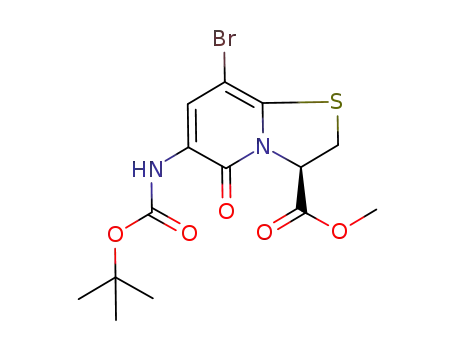 Molecular Structure of 917897-89-3 (5H-Thiazolo[3,2-a]pyridine-3-carboxylic acid,
8-bromo-6-[[(1,1-dimethylethoxy)carbonyl]amino]-2,3-dihydro-5-oxo-,
methyl ester, (3R)-)