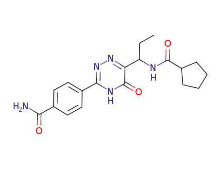 Molecular Structure of 625122-07-8 (4-(6-{1-[(cyclopentylcarbonyl)amino]propyl}-5-oxo-4,5-dihydro-1,2,4-triazin-3-yl)-benzamide)