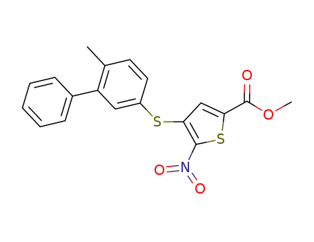 Molecular Structure of 631909-79-0 (4-(6-methyl-biphenyl-3-ylsulfanyl)-5-nitro-thiophene-2-carboxylic acid methyl ester)