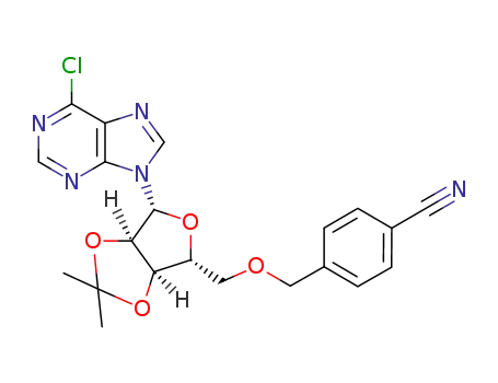 Molecular Structure of 1134156-49-2 (4-((((3aR,4R,6R,6aR)-6-(6-chloro-9H-purin-9-yl)-2,2-dimethyltetrahydrofuro[3,4-d][1,3]dioxol-4-yl)methoxy)methyl)benzonitrile)