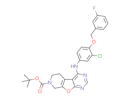 Molecular Structure of 1130157-03-7 (tert-butyl 4-({3-chloro-4-[(3-fluorobenzyl)oxy]phenyl}amino)-5,8-dihydropyrido[4',3':4,5]furo[2,3-d]pyrimidine-7(6H)-carboxylate)
