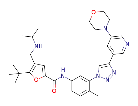 Molecular Structure of 1334684-76-2 (5-tert-butyl-N-[4-methyl-3-[4-(5-morpholin-4-ylpyridin-3-yl)triazol-1-yl]phenyl]-4-[(propan-2-ylamino)methyl]furan-2-carboxamide)