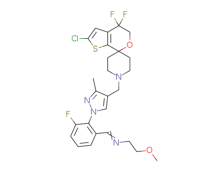 Molecular Structure of 1307314-59-5 (N-(2-(4-((2'-chloro-4',4'-difluoro-4',5'-dihydrospiro[piperidine-4,7'-thieno[2,3-c]pyran]-1-yl)methyl)-3-methyl-1H-pyrazol-1-yl)-3-fluorobenzylidene)-2-methoxyethanamine)