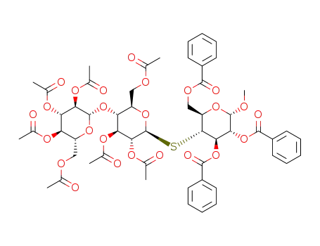 Molecular Structure of 1315206-06-4 (methyl α-(2,3,4,6-tetra-O-acetyl-D-glucopyranosyl-(1->4)-β-(2,3,6-tri-O-acetyl-D-glucopyranosyl)-(1->4)-β-2,3,6-tri-O-benzoyl)-4-thio-D-glucoside)