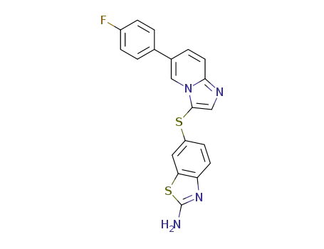 Molecular Structure of 1205744-30-4 (6-{[6-(4-fluorophenyl)imidazo[1,2-a]pyridin-3-yl]sulphanyl}-1,3-benzothiazol-2-amine)