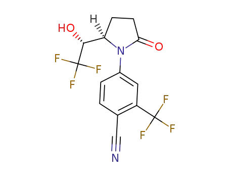 Molecular Structure of 1371608-34-2 (4-((R)-2-oxo-5-((R)-2,2,2-trifluoro-1-hydroxyethyl)pyrrolidin-1-yl)-2-(trifluoromethyl)benzonitrile)
