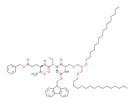 Molecular Structure of 1337526-95-0 ((4R,7S,10R,14R)-benzyl 10-(((9H-fluoren-9-yl)methoxy)carbonylamino)-4-carbamoyl-7-ethyl-14-(hexadecyloxy)-6,9-dioxo-16-oxa-12-thia-5,8-diazadotriacontan-1-oate)