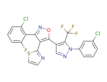 Molecular Structure of 1391944-16-3 (3-(2-chloro-6-fluorophenyl)-5-(1-(3-chlorophenyl)-5-(trifluoromethyl)-1H-pyrazol-4-yl)-4-(thiazol-2-yl)isoxazole)