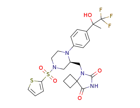 Molecular Structure of 1361224-20-5 (5-(((2S)-4-(2-thiophenylsulfonyl)-1-(4-(2,2,2-trifluoro-1-hydroxy-1-methylethyl)phenyl)-2-piperazinyl)methyl)-5,7-diazaspiro[3.4]octane-6,8-dione)