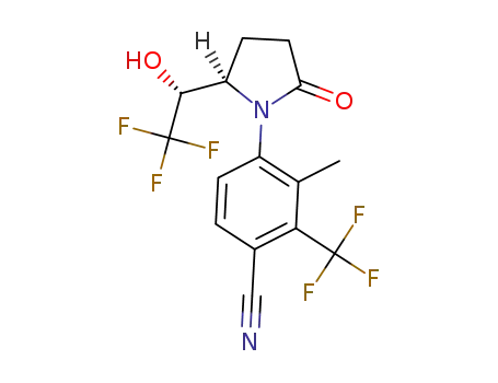 Molecular Structure of 1371608-36-4 (3-methyl-4-((R)-2-oxo-5-((R)-2,2,2-trifluoro-1-hydroxyethyl)pyrrolidin-1-yl)-2-(trifluoromethyl)benzonitrile)