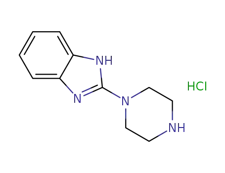 Molecular Structure of 1185310-36-4 (2-Piperazin-1-yl-1H-benzoiMidazole hydrochloride, 98+% C11H15ClN4, MW: 238.72)