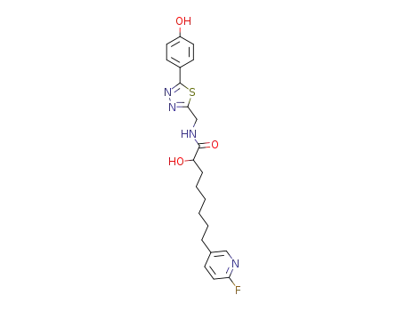 Molecular Structure of 1369796-71-3 (8-(6-fluoropyridin-3-yl)-2-hydroxy-N-((5-(4-hydroxyphenyl)-1,3,4-thiadiazol-2-yl)methyl)octanamide)