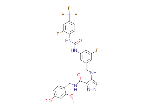 Molecular Structure of 1260487-54-4 (4-{3-[3-(2-fluoro-4-trifluoromethylphenyl)ureido]-5-fluorobenzylamino}-1H-pyrazole-3-(2,4-dimethoxybenzylamide))