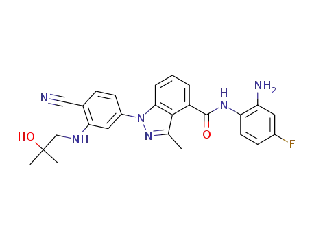 Molecular Structure of 1246306-97-7 (1-[4-cyano-3-(2-hydroxy-2-methylpropylamino)phenyl]-3-methyl-1H-indazole-4-carboxylic acid (2-amino-4-fluorophenyl)amide)