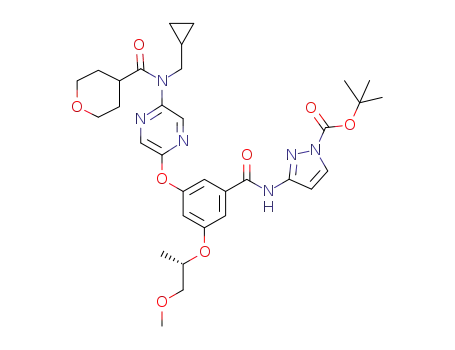 Molecular Structure of 1310808-14-0 (tert-butyl 3-{[3-({5-[(cyclopropylmethyl)(tetrahydro-2H-pyran-4-ylcarbonyl)amino]pyrazin-2-yl}oxy)-5-{[(2S)-1-methoxypropan-2-yl]oxy}benzoyl]amino}-1H-pyrazole-1-carboxylate)