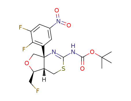 Molecular Structure of 1391002-02-0 (tert-butyl ((4aS,5S,7aS)-7a-(2,3-difluoro-5-nitrophenyl)-5-(fluoromethyl)-4a,5,7,7a-tetrahydro-4H-furo[3,4-d][1,3]thiazin-2-yl)carbamate)