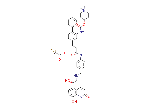 Molecular Structure of 1254097-58-9 (4-({[5-(2-{[4-({[(2R)-2-hydroxy-2-(8-hydroxy-2-oxo-1,2-dihydroquinolin-5-yl)ethyl]amino}methyl)phenyl]carbamoyl}ethyl)-2-phenylphenyl]carbamoyl}oxy)-1,1-dimethylpiperidin-1-ium trifluoroacetate)