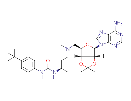 Molecular Structure of 1381761-82-5 (1-((R)-1-((((3aR,4R,6R,6aR)-6-(6-amino-9H-purin-9-yl)-2,2-dimethyltetrahydrofuro[3,4-d][1,3]dioxol-4-yl)methyl)(methyl)amino)pentan-3-yl)-3-(4-(tert-butyl)phenyl)urea)