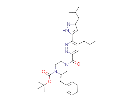 Molecular Structure of 952591-36-5 (tert-butyl (S)-2-benzyl-4-[5-iso-butyl-6-(3-iso-butyl-1H-pyrazol-5-yl)pyridazine-3-carbonyl]piperazine-1-carboxylate)