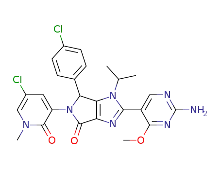 Molecular Structure of 1448867-98-8 (2-(2-amino-4-methoxy-pyrimidin-5-yl)-5-(5-chloro-1-methyl-2-oxo-1,2-dihydro-pyridin-3-yl)-6-(4-chloro-phenyl)-1-isopropyl-5,6-dihydro-1H-pyrrolo[3,4-d]imidazol-4-one)