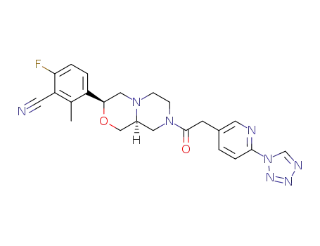 Molecular Structure of 1443735-04-3 (6-fluoro-2-methyl-3-[(3S,9aS)-8-{[6-(1H-tetrazol-1-yl)pyridin-3-yl]acetyl}octahydropyrazino[2,1-c][1,4]oxazin-3-yl]benzonitrile)