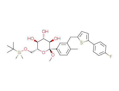 Molecular Structure of 1358581-40-4 ((2S,3R,4S,5S,6R)-6-[(tertbutyl(dimethyl)silyl)oxymethyl]-2-[3-[[5-(4-fluorophenyl)-2-thienyl]methyl]-4-methyl-phenyl]-2-methoxy-tetrahydropyran-3,4,5-triol)