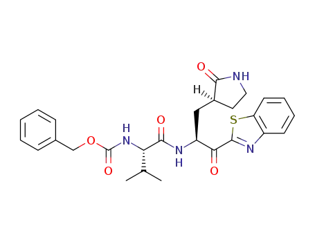 Molecular Structure of 1448616-20-3 (benzyl ((S)-1-(((S)-1-(benzo[d]thiazol-2-yl)-1-oxo-3-((S)-2-oxopyrrolidin-3-yl)propan-2-yl)amino)-3-methyl-1-oxobutan-2-yl)carbamate)