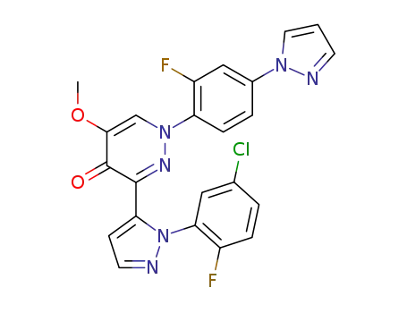Molecular Structure of 1357191-84-4 (3-[1-(5-chloro-2-fluorophenyl)-1H-pyrazol-5-yl]-1-[2-fluoro-4-(1H-pyrazol-1-yl)phenyl]-5-methoxypyridazin-4(1H)-one)