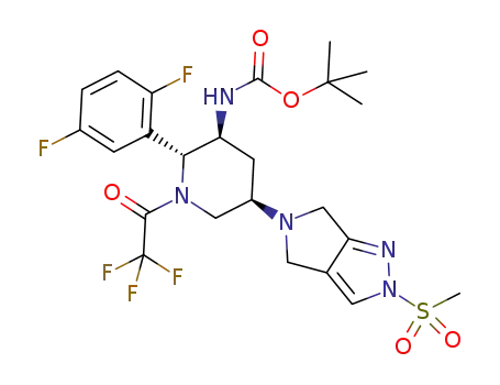Molecular Structure of 1280211-13-3 (tert-butyl [(2R,3S,5R)-2-(2,5-difiuorophenyl)-5-[2-(methylsulfonyl)-2,6-dihydropyrrolo[3,4-c]pyrazol-5(4H)-yl]-1-(trifluoroacetyl)piperidin-3-yl]carbamate)