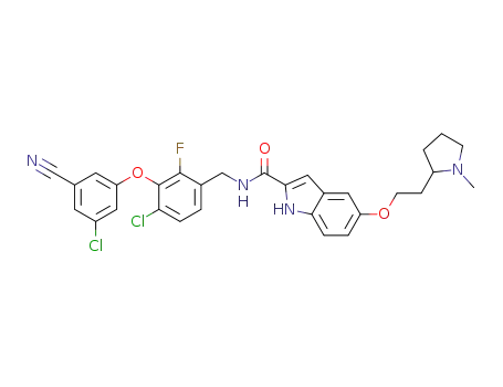 Molecular Structure of 1093255-61-8 (N-({4-chloro-3-[(3-chloro-5-cyanophenyl)oxy]-2-fluorophenyl}methyl)-5-{[2-(1-methyl-2-pyrrolidinyl)ethyl]oxy}-1H-indole-2-carboxamide)