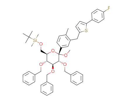 Molecular Structure of 1358581-42-6 ([[(2R,3R,4S,5R,6S)-3,4,5-tribenzyloxy-6-[3-[[5-(4-fluorophenyl)-2-thienyl]methyl]-4-methyl-phenyl]-6-methoxy-tetrahydropyran-2-yl]methoxy]tert-butyl-dimethyl-silane)