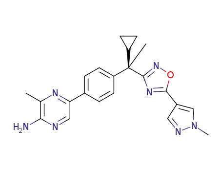 Molecular Structure of 1360550-75-9 (5-(4-{(R)-1-Cyclopropyl-1-[5-(1-methyl-1H-pyrazol-4-yl)-[1,2,4]oxadiazol-3-yl]-ethyl}-phenyl)-3-methyl-pyrazin-2-ylamine)