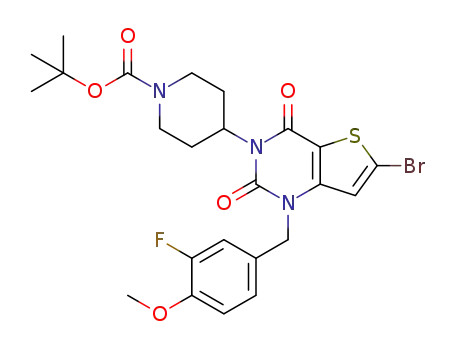 Molecular Structure of 1416250-69-5 (tert-butyl 4-[6-bromo-1-(3-fluoro-4-methoxybenzyl)-2,4-dioxo-1,4-dihydrothieno[3,2-d]pyrimidin-3(2H)-yl]piperidine-1-carboxylate)