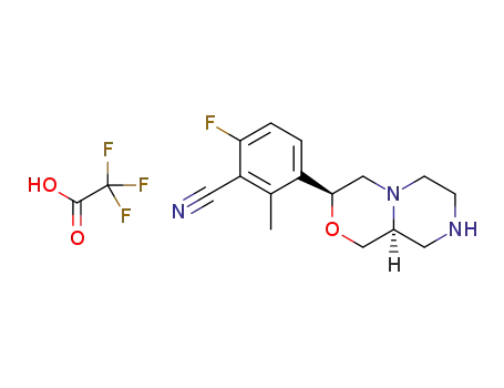 Molecular Structure of 1426072-49-2 (6-fluoro-2-methyl-3-[(3S,9aS)-octahydropyrazino[2,1-c][1,4]oxazin-3-yl]benzonitrile 2,2,2-trifluoroacetate)