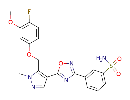 Molecular Structure of 1359028-44-6 (3-(5-{5-[(4-fluoro-3-methoxyphenoxy)methyl]-1-methyl-1H-pyrazol-4-yl}-1,2,4-oxadiazol-3-yl)benzenesulfonamide)
