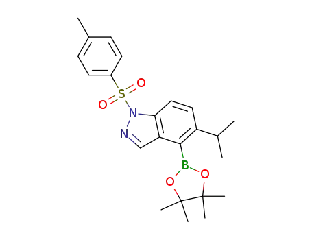 Molecular Structure of 1421252-94-9 (5-isopropyl-4-(4,4,5,5-tetramethyl-1,3,2-dioxaborolan-2-yl)-1-tosyl-1H-indazole)