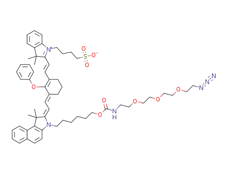 Molecular Structure of 1425272-35-0 (4-(2-((E)-2-((E)-3-((E)-2-(3-(1-azido-13-oxo-3,6,9,14-tetraoxa-12-azaicosan-20-yl)-1,1-dimethyl-1H-benzo[e]indol-2(3H)-ylidene)ethylidene)-2-phenoxycyclohex-1-enyl)vinyl)-3,3-dimethyl-3H-indolium-1-yl)butane-1-sulfonate)