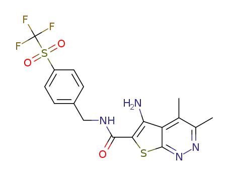 Molecular Structure of 1451993-15-9 (5-amino-3,4-dimethyl-N-(4-((trifluoromethyl)sulfonyl)benzyl)thieno-[2,3-c]pyridazine-6-carboxamide)