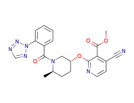 Molecular Structure of 1604795-11-0 (methyl 4-cyano-2-{[(3R,6R)-6-methyl-1-{[2-(2H-1,2,3,4-tetrazol-2-yl)phenyl]carbonyl}piperidin-3-yl]oxy}pyridine-3-carboxylate)