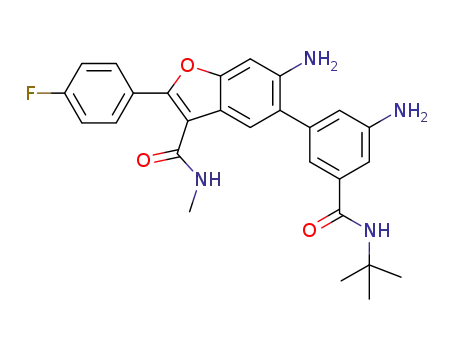 Molecular Structure of 1620064-14-3 (6-amino-5-(3-amino-5-(tert-butylcarbamoyl)phenyl)-2-(4-fluorophenyl)-N-methylbenzofuran-3-carboxamide)