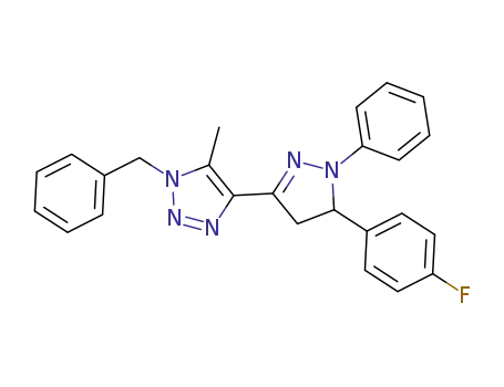Molecular Structure of 1605292-82-7 (1-benzyl-4-(5-(4-fluorophenyl)-1-phenyl-4,5-dihydro-1H-pyrazol-3-yl)-5-methyl-1H-1,2,3-triazole)