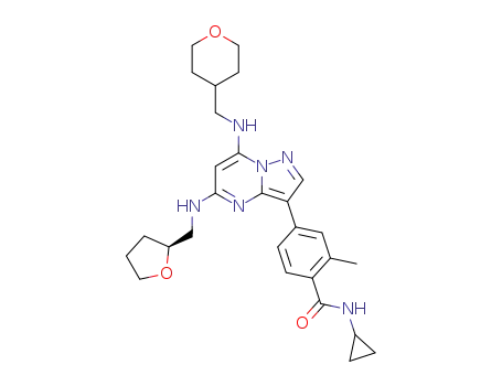 (S)-N-cyclopropyl-2-methyl-4-(7-(((tetrahydro-2H-pyran-4-yl)methyl)amino)-5-(((tetrahydrofuran-2-yl)methyl)amino)pyrazolo[1,5-a]pyrimidin-3-yl)benzamide