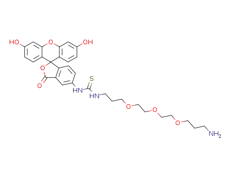 Molecular Structure of 843660-59-3 (1-(3-(2-(2-(3-aminopropoxy)ethoxy)ethoxy)propyl)-3-(3',6'-dihydroxy-3-oxo-3H-spiro[isobenzofuran-1,9'-xanthen]-5-yl)thiourea)
