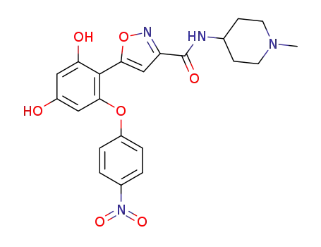 Molecular Structure of 1253584-84-7 (5-[2,4-Dihydroxy-6-(4-nitrophenoxy)phenyl]-N-(1-methyl-4-piperidinyl)-3-isoxazolecarboxamide)