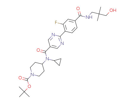Molecular Structure of 1557033-44-9 (4-(cyclopropyl-{2-[2-fluoro-4-(3-hydroxy-2,2-dimethyl-propylcarbamoyl)-phenyl]-pyrimidine-5-carbonyl}-amino)-piperidine-1-carboxylic acid tert-butyl ester)